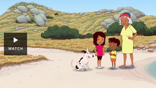 A dog, granddaughter, grandson and grandma stand on a beach. Has Video.