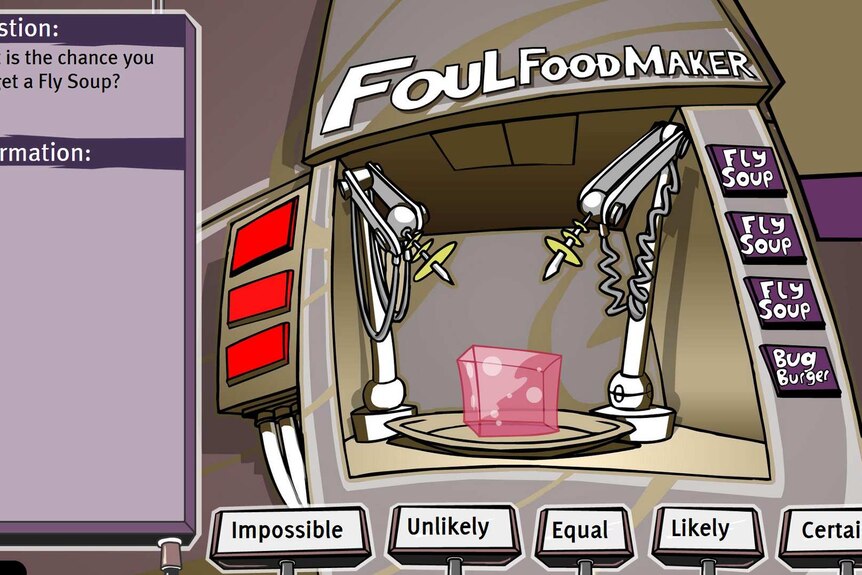 A digital illustration of a microwave-like contraption with various meal possibilities listed on the buttons.