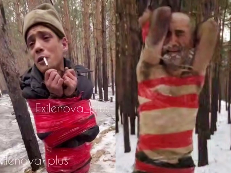 Una imagen compuesta de dos hombres atados a árboles. Ambos hombres hacen una mueca. 