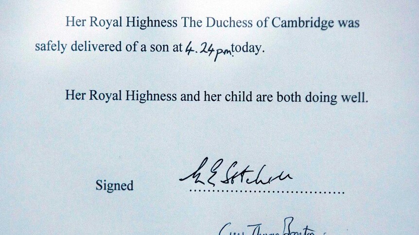 Notice formally announcing Royal birth that was placed in the forecourt of Buckingham Palace.