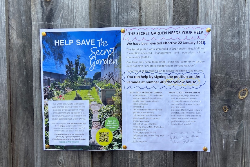 Sheet of paper pinned to paling fence calling for support of the Secret Garden