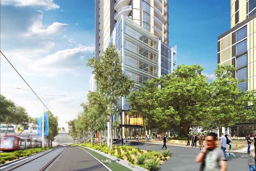 An artists impression of a street at Sydney Olympic Park.
