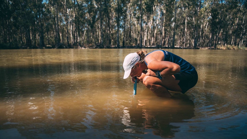 Marathon runner Mina Guli drinks from a river in the Barmah National Park in Victoria.