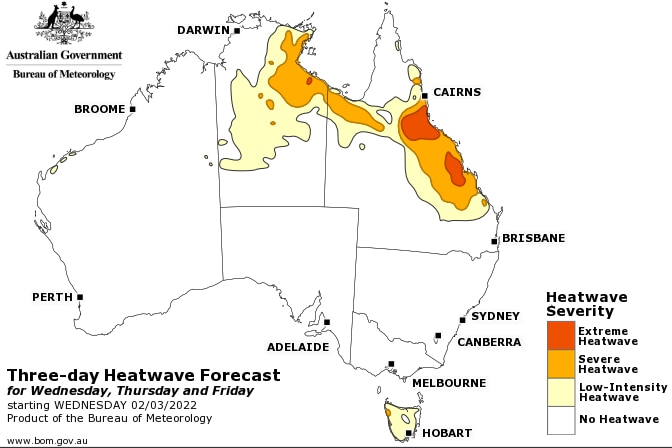 A map with large parts of Queensland and the Northern Territory in heatwave conditions
