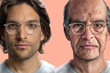 Composite of a present-day man wearing glassing and a computer-generated older man for a story about ageing well.