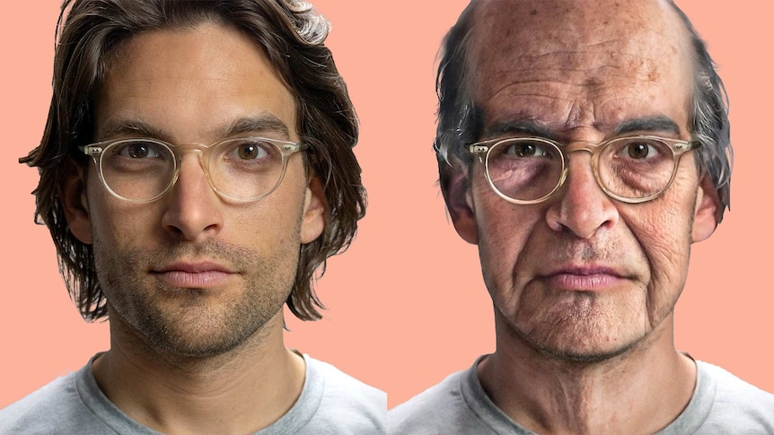 Composite of a present-day man wearing glassing and a computer-generated older man for a story about ageing well.