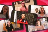Six smart phones showing videos of kids talking about lockdown displayed on them.