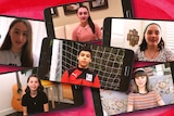Six smart phones showing videos of kids talking about lockdown displayed on them.