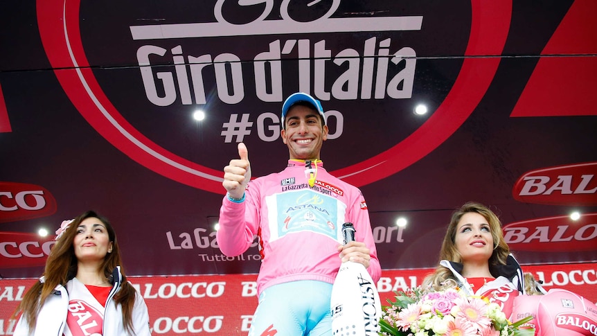 Fabio Aru celebrates with Giro pink jersey