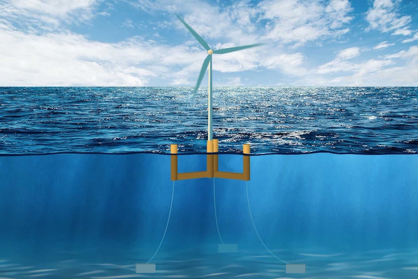 Collage of ocean, sky and illustration of semi submersible wind turbine anchored to ocean floor.
