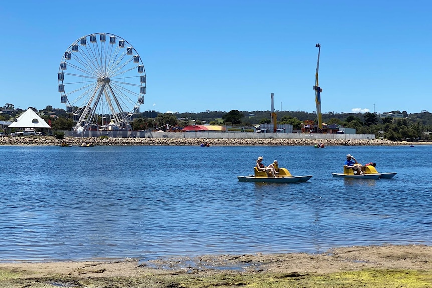 An inlet with two paddle boats and a Ferris wheel and carnival attractions in the background.