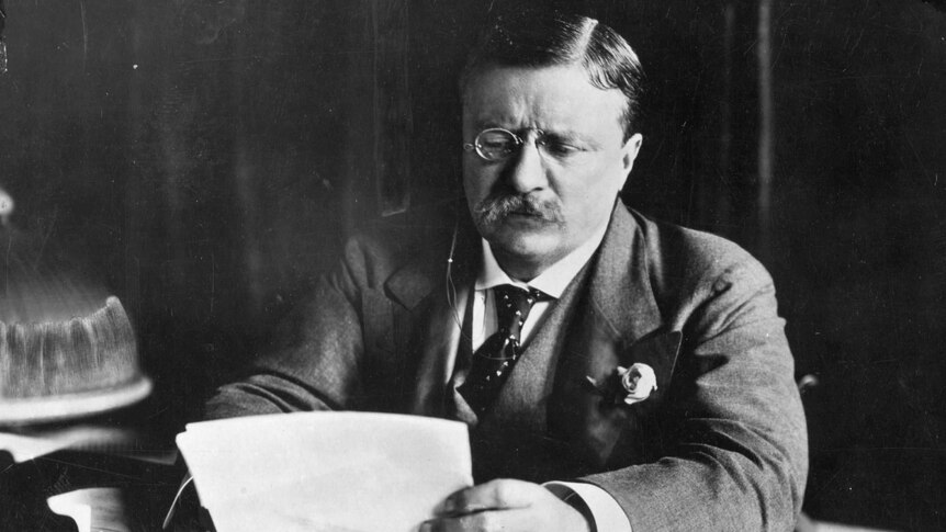 Theodore Roosevelt man sits behind a desk reading through papers. Black and white image