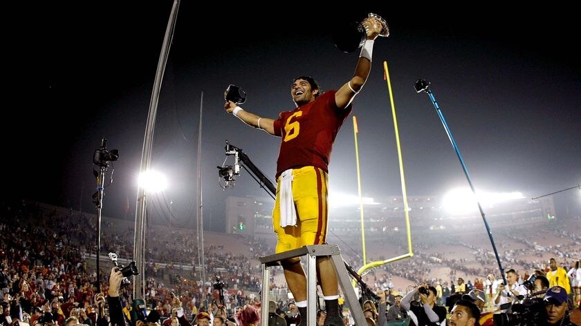 USC quarterback Mark Sanchez celebrates after the 2009 Rose Bowl