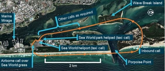 Map showing standard 5-minute scenic flight route and radio calls for Sea World helicopters joy flights