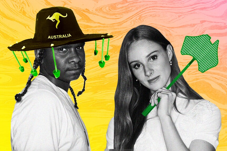 Baker Boy with a photoshopped Akubra and Vera Blue with an Aussie map flyswatter
