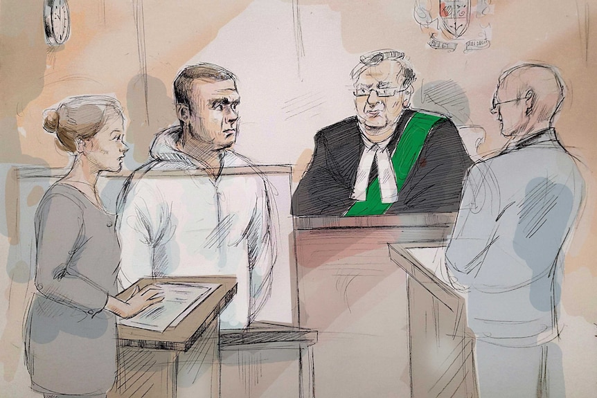 A courtroom sketch which includes accused Alek Minassian.