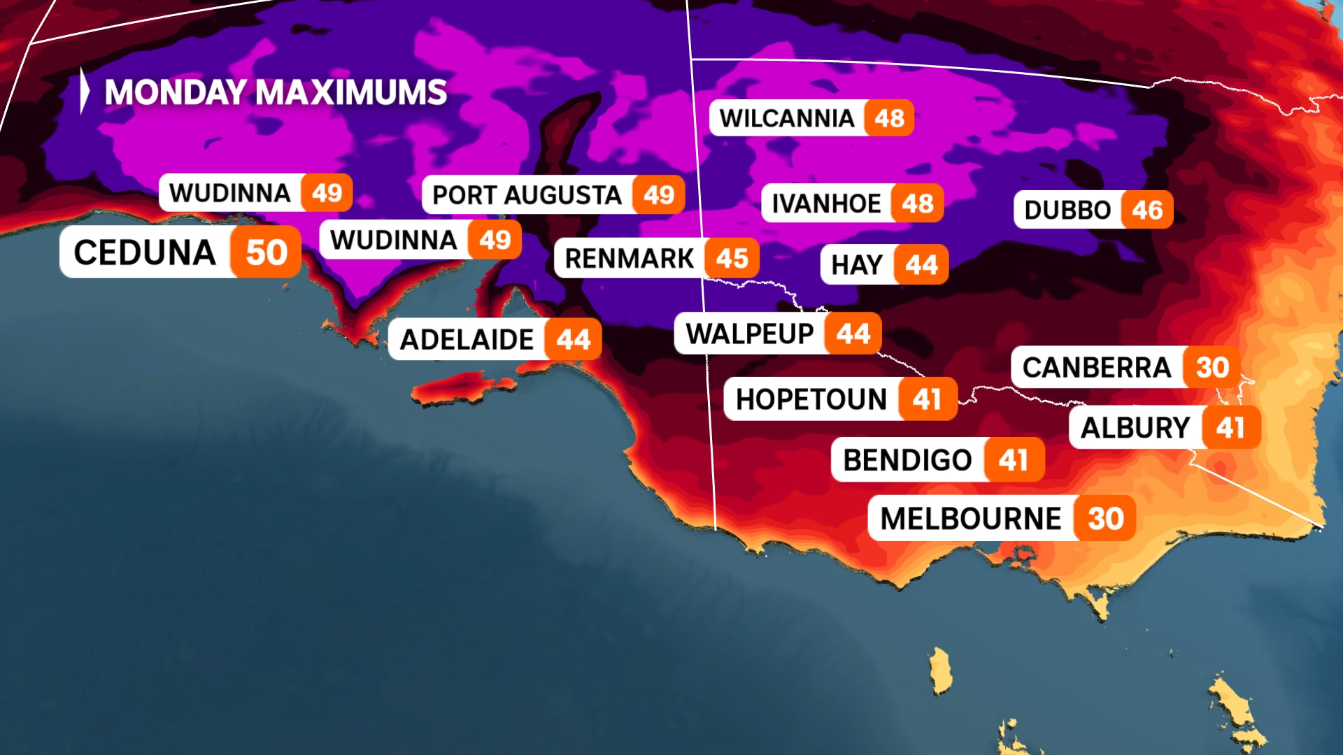 Un mapa meteorológico del sur de Australia muestra temperaturas que alcanzan los 40°C