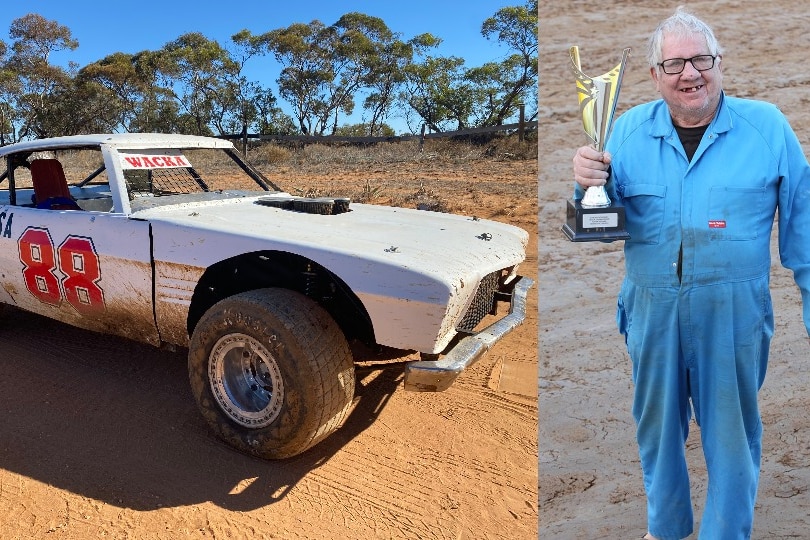 A red and white Holden Monaro race car, and an older man with white hair and black glasses in blue overalls with a trophy.
