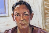 A woman with dark hair is depicted in a court sketch