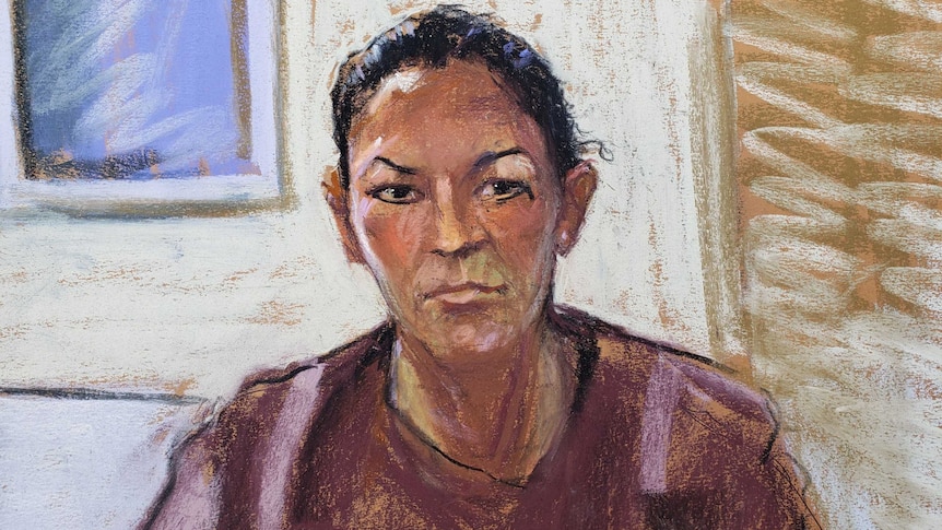 A woman with dark hair is depicted in a court sketch