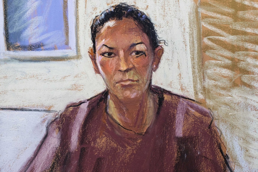 A woman with dark hair is depicted in a court sketch