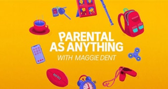 Podcast art for Parental As Anything with Maggie Dent comprising the title surrounded by school bag, fidget spinner, shoes, keys