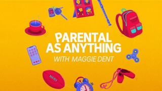 Podcast art for Parental As Anything with Maggie Dent comprising the title surrounded by school bag, fidget spinner, shoes, keys