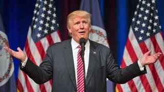 Donald Trump shrugging as he speaks at a rally.