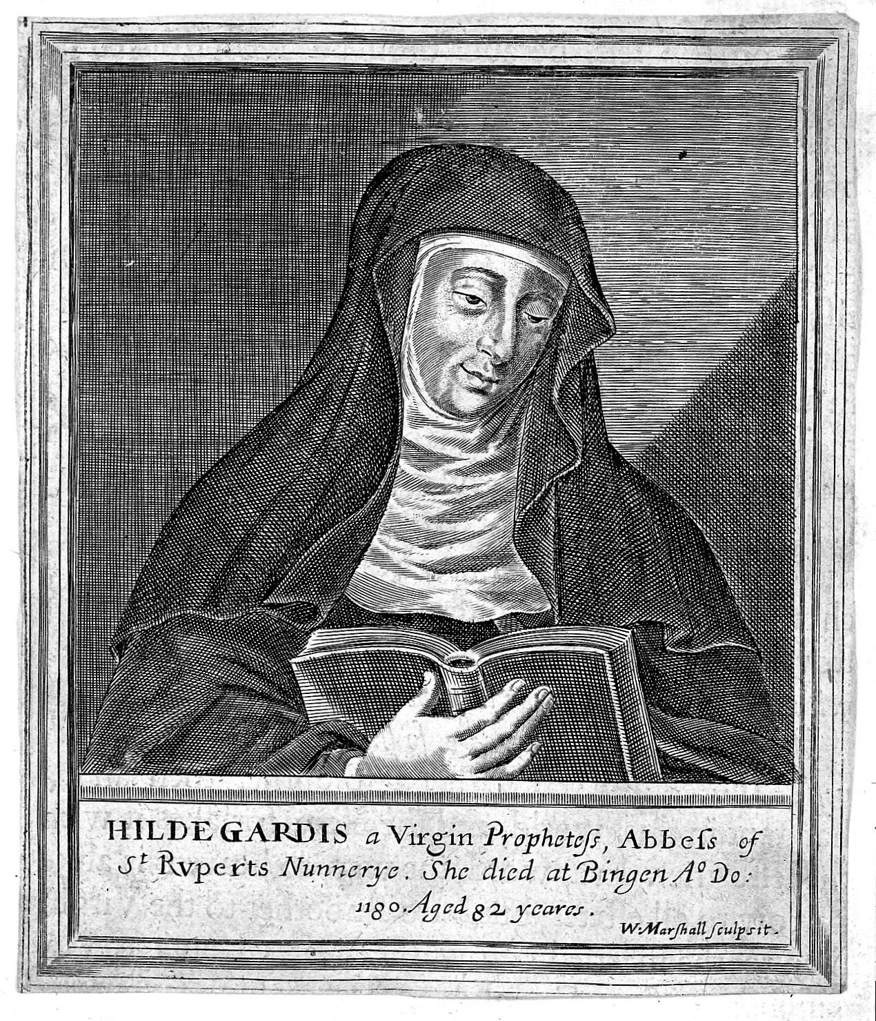A black and white illustration of a 12th century nun