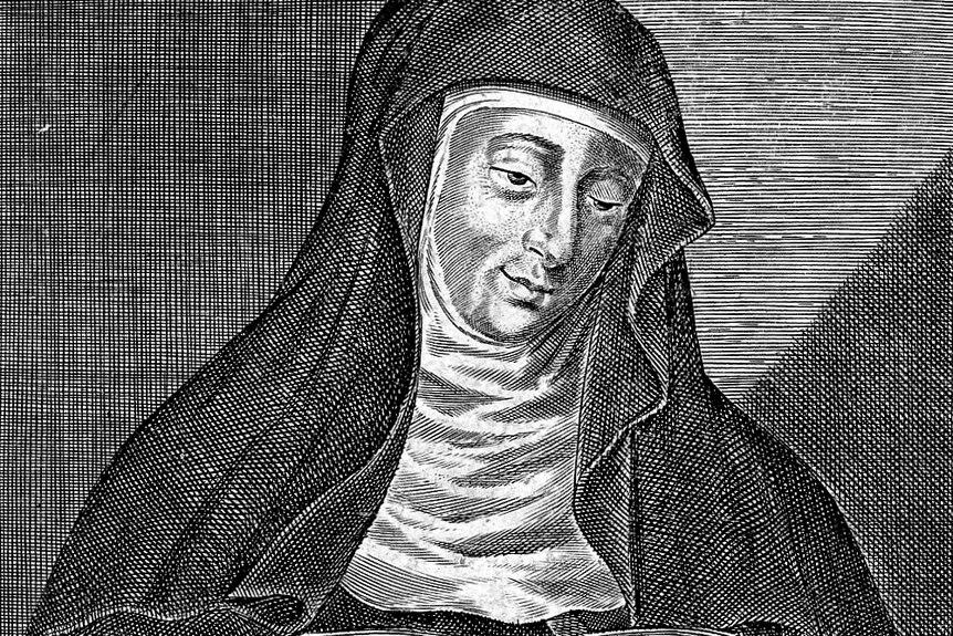 A black and white illustration of a 12th century nun