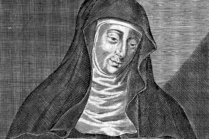 A black and white illustration of a 12th century nun