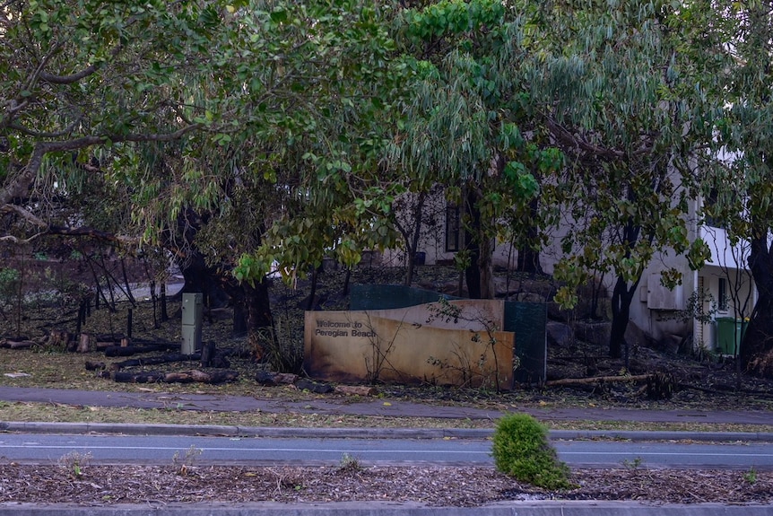 Burnt street and signage after a bushfire at Peregian Beach.