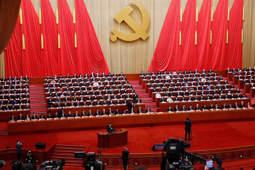 A large hall under the hammer and sickle image