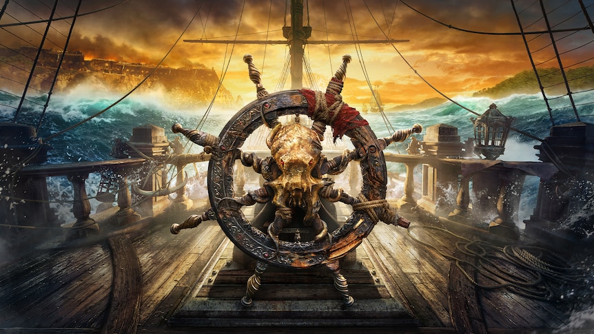 A pirate ship's wheel, ornamented with a golden ocotopus head statue, against a backdrop of choppy waters.
