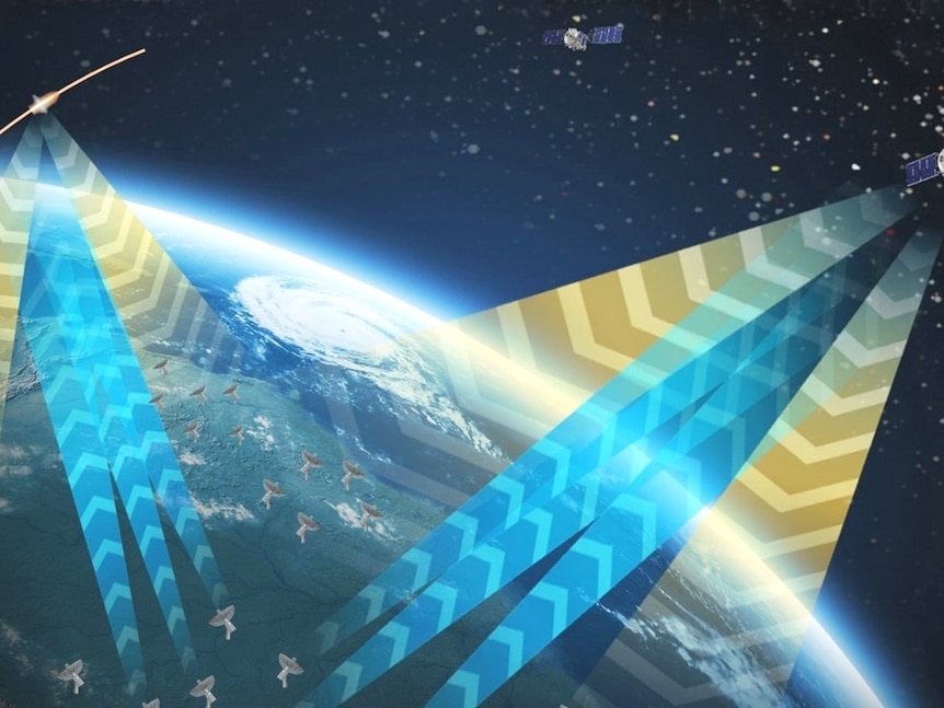 Two satellites beam signals back to earth in an artist's impression of the DARC Network.