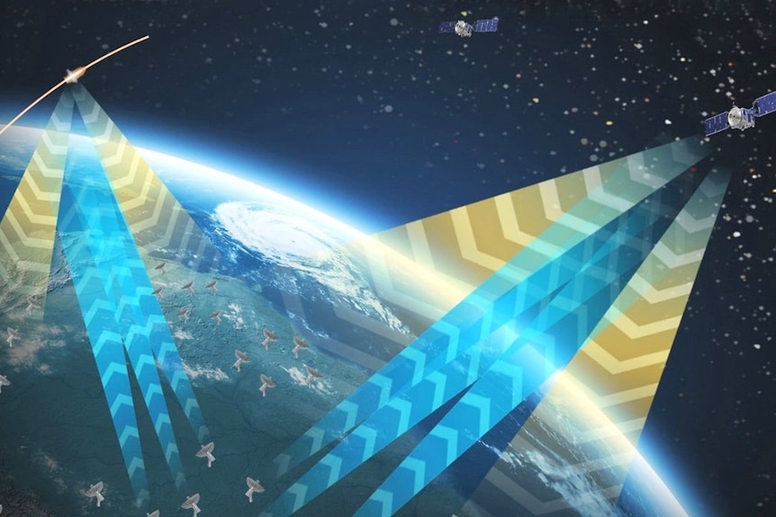 Two satellites beam signals back to earth in an artist's impression of the DARC Network.