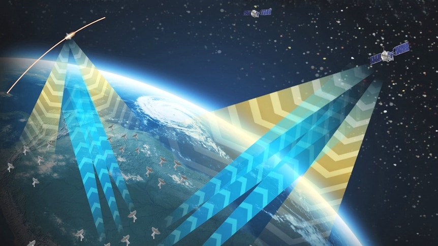 Two satellites beam signals back to earth in an artist's impression of the DARC Network.