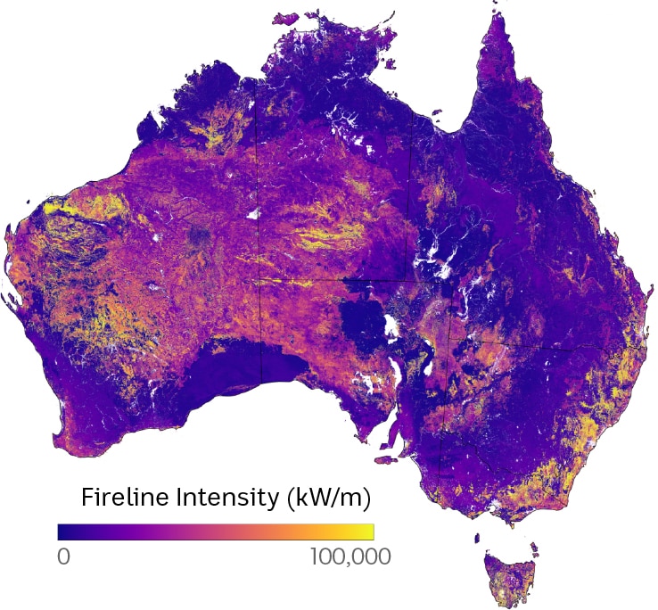 A coloured map of Australia showing data from a fire intensity model.