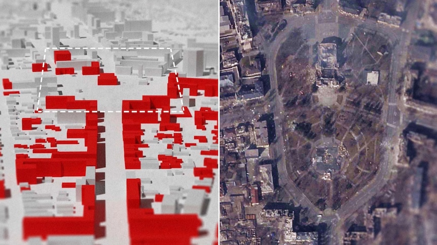 A satellite image shows the destroyed theater building, next to the image is a map of the other damaged buildings in the area