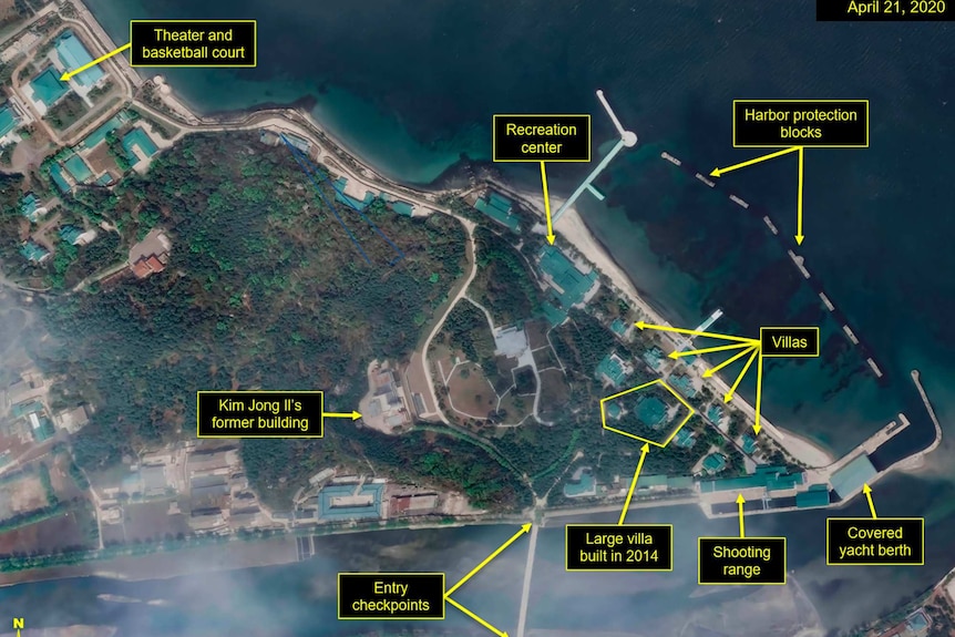 An annotated satellite image shows an overview of the Wonsan complex in Wonsan, North Korea.