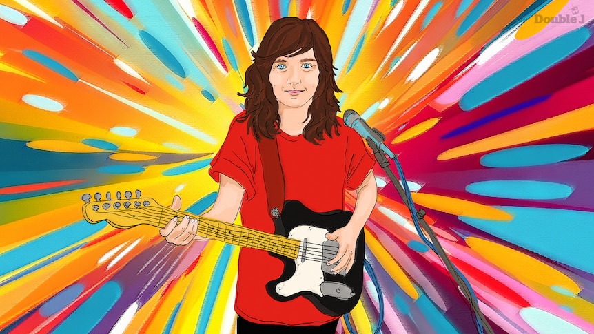 An illustration of Courtney holding a black guitar, wearing a red t-shirt and with a psychedelic coloured background.