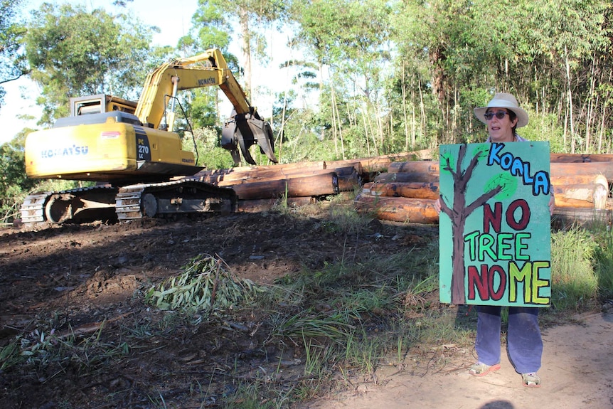 A woman standing in front of a log pile and machinery with her sign that reads "koala, no tree no me"