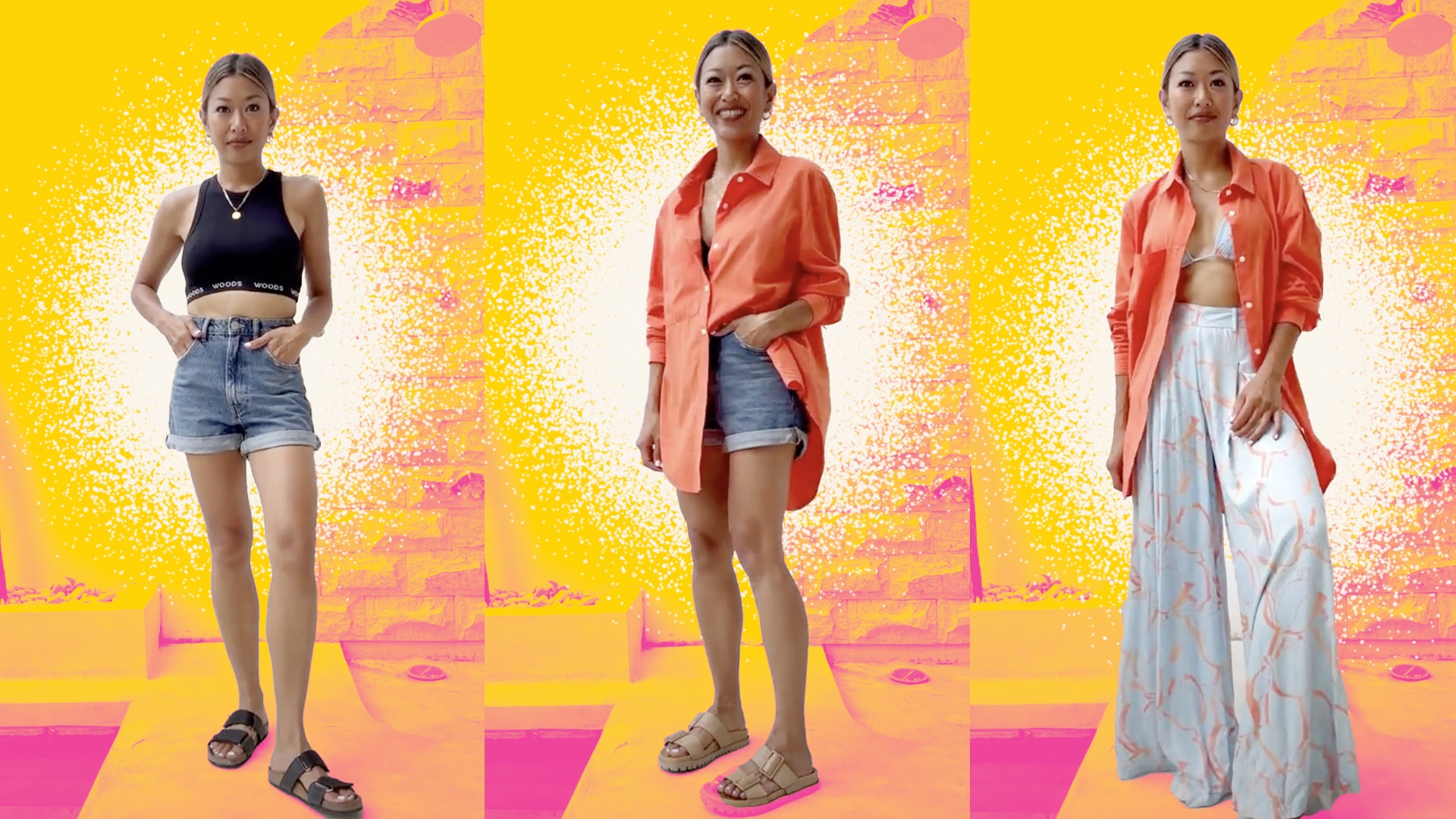 Collage of 3 carry-on only outfits: denim shorts with black tank, short with pink shirt, and flowy white set with pink shirt