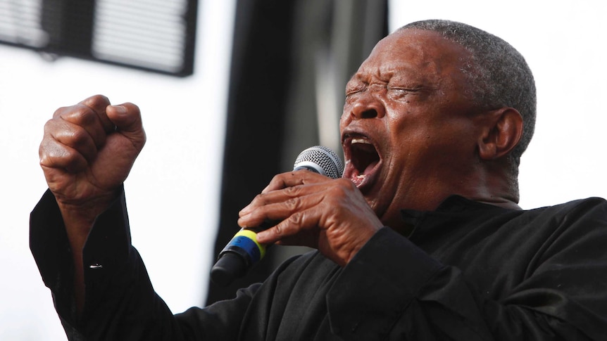 South African trumpeter and musician Hugh Masekela performs.