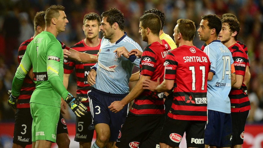 Sasa Ognenovski in the middle of a melee during the Sydney Derby