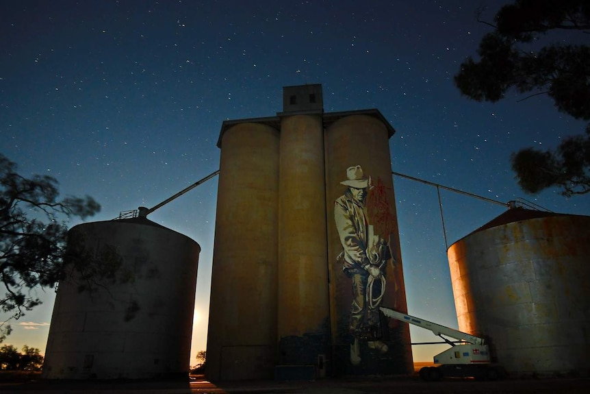 The grain silos at Rosebery in Victoria at night, with a crane in front of a silo that features art work in progress.