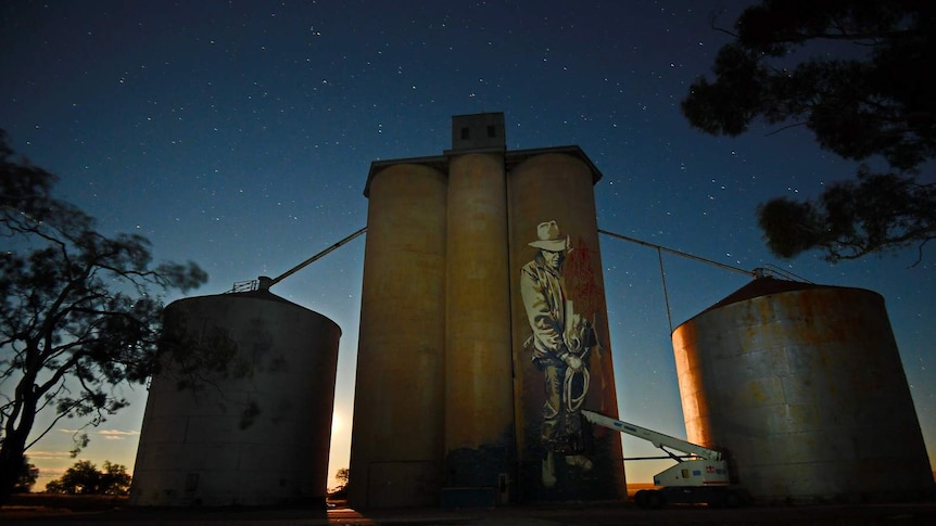 The grain silos at Rosebery in Victoria at night, with a crane in front of a silo that features art work in progress.