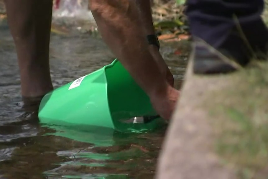 an officers picks up a small knife from shallow lake water and puts it into a green bucket
