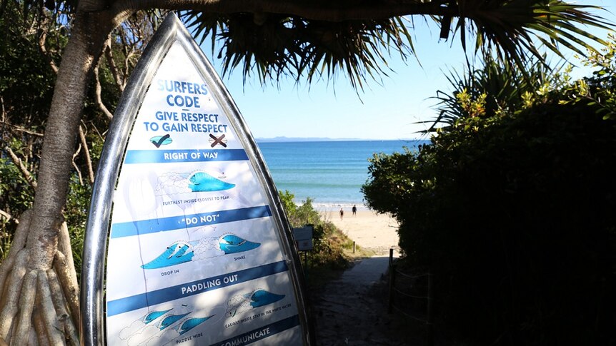 A surfing safety sign at Byron Bay.