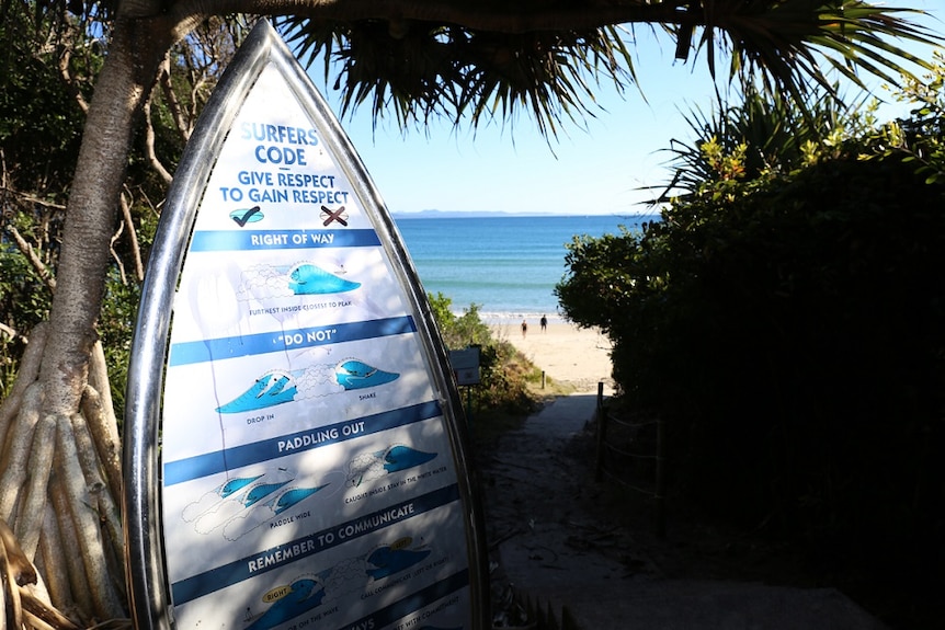 A surfing safety sign at Byron Bay.